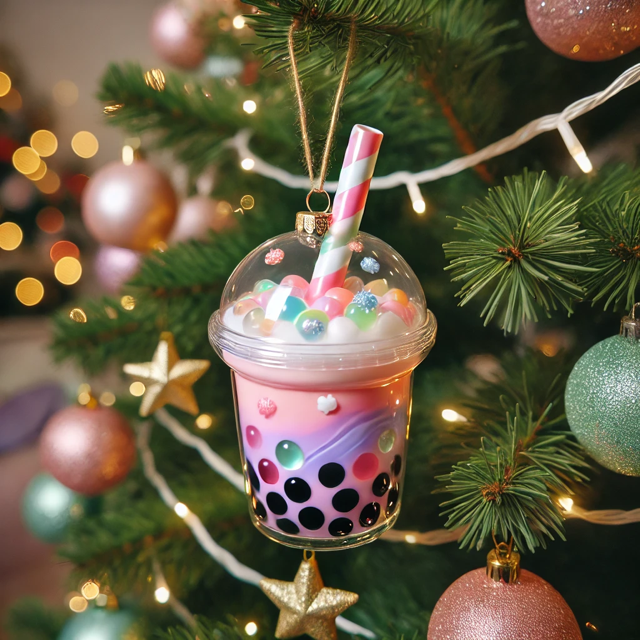 Bubble tea ornament hanging on a beutifally decorated Christmas tree, featuring a transparented cup with colorful tapioca pearls, pastel pink and lavender swirled liquid and festive striped straw. The tree is adorned with twinkling lights, golden stars, and other ornaments, creating a cozy holiday atmosphere.