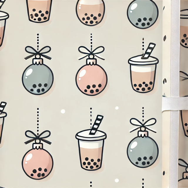 minimalist gift wrapping paper with bubble tea ornaments on a plain background.