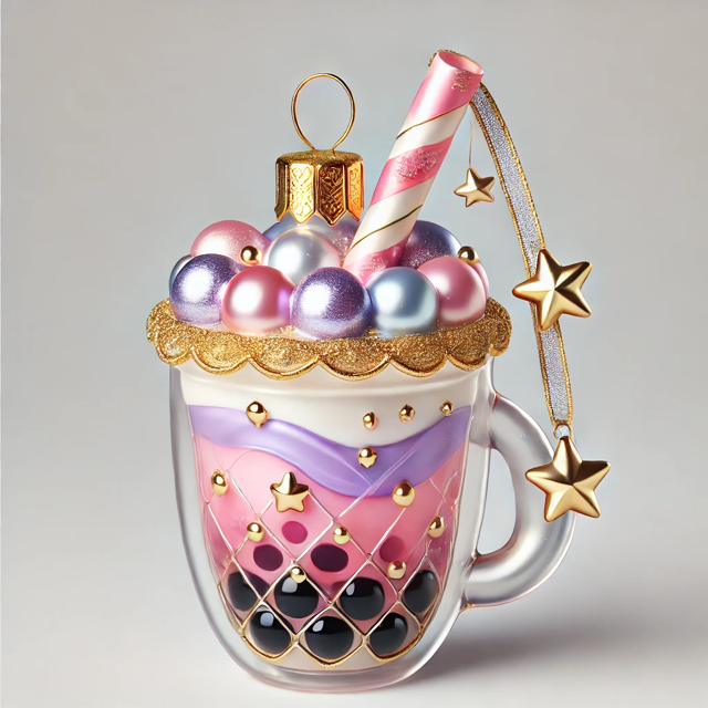 Festive bubble tea ornament featuring a transparent cup with colorful tapioca pearls, pastel pink and lavender swirl liquid, and striped straw, adorned with golden starts and a shiny ribbon. Perfect for Christmas decorations and holiday themed bubble tea lovers.